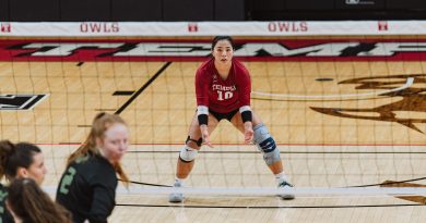 Nikki Shimao prepares to receive a serve in McGonigle Hall.