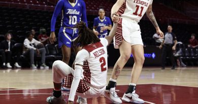 Caranda Perea picks Aleah Nelson up off the floor during Temple's loss to Tulsa.