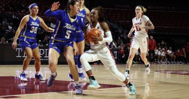 Aleah Nelson drives to the hoop guarded by a Tulsa defender.