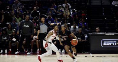 Tiarra East drives by a Houston defender as the Houston bench looks on.