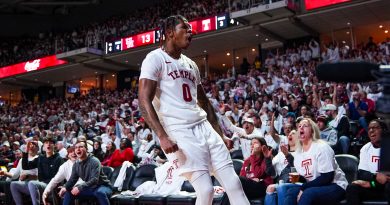 Khalif Battle celebrates a made three as the fans behind him erupt.