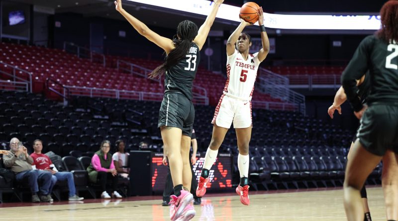 Tiarra East knocks down a jumper over a defender.
