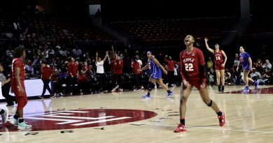 Temple women's basketball celebrates a three from Tarriyona Gary in the closing stretch of its game against SMU.