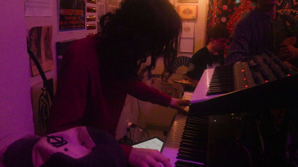 Close-up of Paratopia's keyboardist playing during a live session.